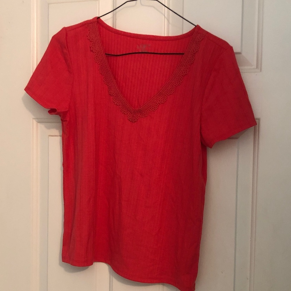 LOFT vermillion V-Neck Short Sleeve Top with Lace Trim